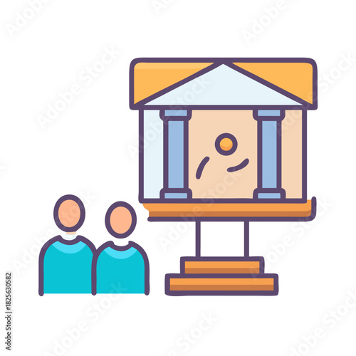 Iconic museum with visitors in a cartoon flat style