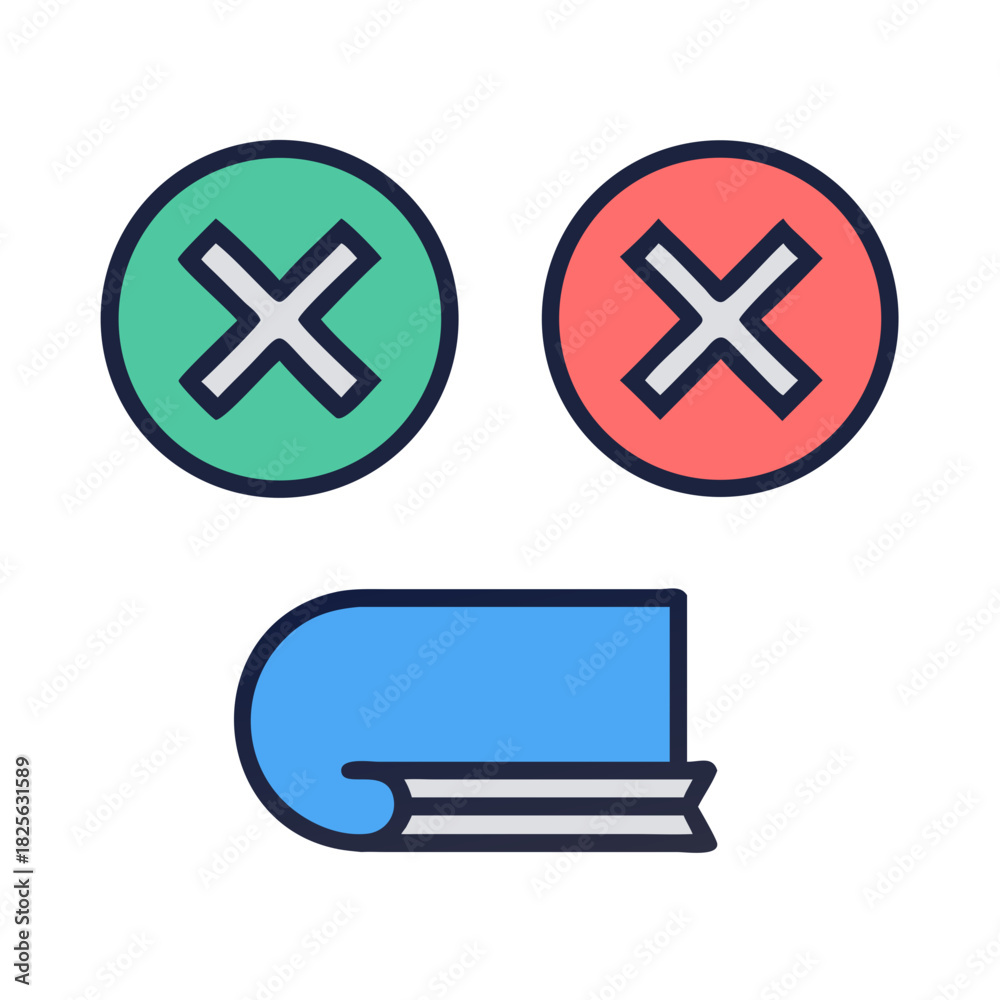 Obraz premium Learning process illustration: green tick, red cross and book