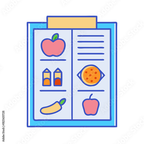 Clipboard displaying a balanced diet of fruit and vegetables