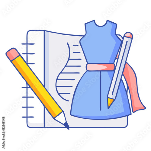 Dress design sketch fashion illustration with pencils and ruler