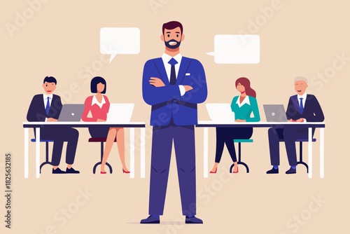 Confident business leader with team working at desks and speech bubbles