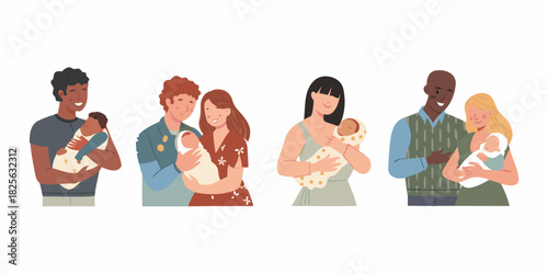 Diverse families holding newborn babies parents of different ethnicities with infants