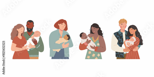 Diverse families holding newborn babies with love and care illustration
