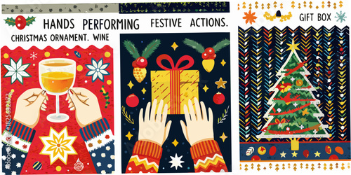 Festive holiday hands performing actions with wine gift box and christmas tree