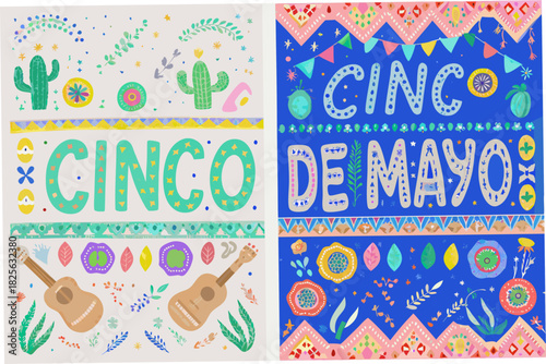 Colorful cinco de mayo celebration with guitars cacti and festive decorations