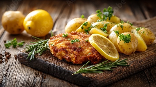 Delicious Schnitzel with Golden Potatoes and Fresh Lemon on Rustic Wooden Board
