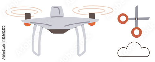 quadcopter with whirling blades alongside scissors and a cloud, symbolizing technology, innovation, navigation, aerial footage, customization, problem-solving, and collaborative precision in a simple