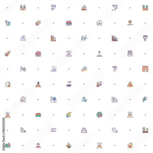 Seamless pattern with disaster and storm icon on white background. Included the icons as fire, landslide, flood, drought, Natural Disaster, tornado, lighting, fog, forest fire, tsunami, hurricane