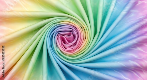 Smooth, flowing textile material displays a swirling pattern of pastel rainbow colors.