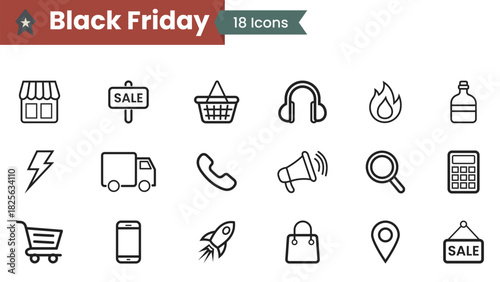 Black Friday line icon set. Black Friday Shopping store, sign board, Shopping bag, Delivery Truck, Basket, Magnifying glass, Location pin, and Bag minimal outline vector designs.