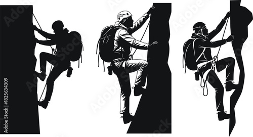 Rock climbing silhouette vector set, extreme mountain adventure, mountaineer scaling cliff with gear, black and white illustration collection