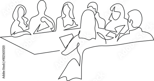 Modern minimalist line art of business team meeting, collaborating on project plans, ideal for illustrating teamwork, leadership, and communication in a creative style
