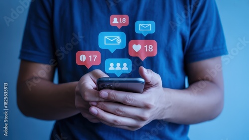 Person holding a handheld communication device displaying numerous digital interaction icons