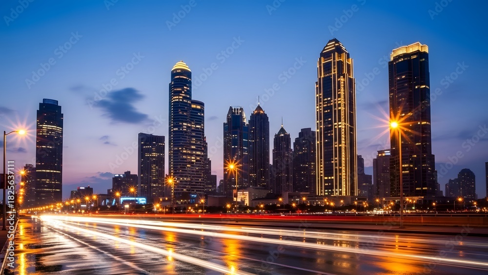 Fototapeta premium Dubai skyline at dusk with light trails from traffic