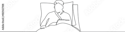 Minimalist one-line drawing of a person reading in bed for modern wall art or book illustration projects with a focus on simple elegance and clean design
