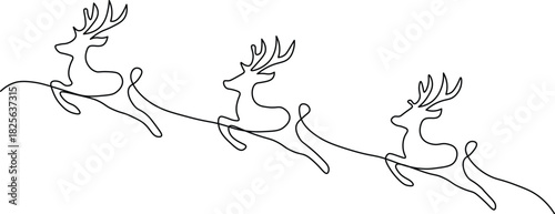 Elegant festive reindeer fly through the snowy night in this minimalist single line design perfect for Christmas cards and holiday decorations creating a magical winter scene
