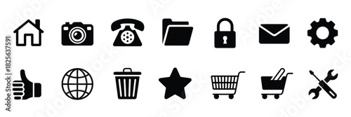 Web icons featuring home, location, call, email, globe, chat, message, and information symbols in clean vector style ideal for websites, contact pages, and UX design projects