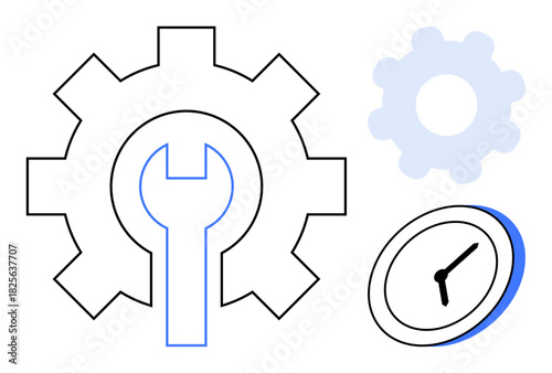 Gear with wrench inside, smaller gear, and clock symbolizing teamwork, repair, optimization, planning, deadlines, tools and efficiency. Ideal for business industry engineering productivity