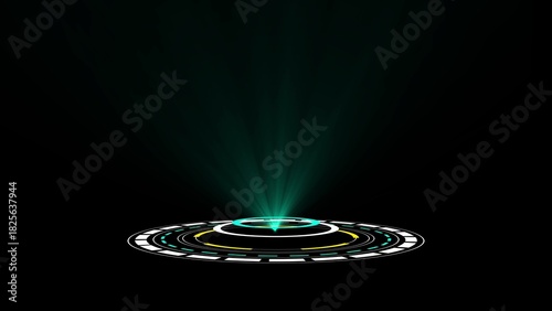 Futuristic glowing circular platform with teal light beams emanating upwards on a black background image