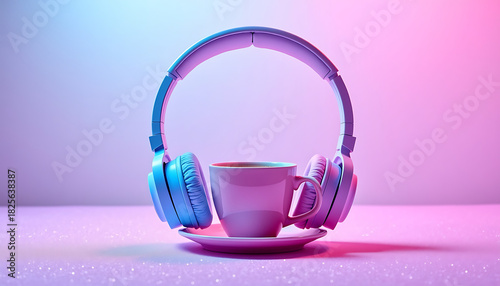 Stylish Pink Headphones and Coffee Cup on Pastel Background