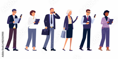 Diverse group of business people walking with phones and briefcases