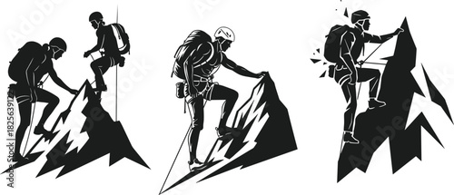 Mountaineering silhouette vector set, climbers ascending peaks, extreme adventure sport, hiking with backpacks and gear, isolated.