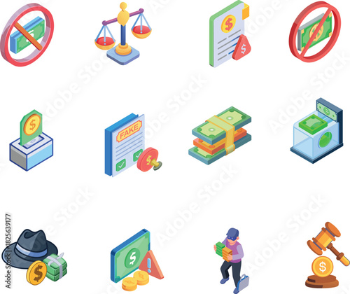 Isometric Financial Crime, Anti-Money Laundering (AML), and Banking Law Icon Set