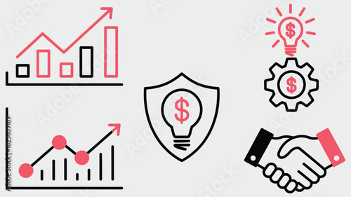 Business growth charts, protected ideas, and partnership agreement with handshake, symbolizing corporate success, collaboration, teamwork, innovation, strategic planning, professional business concept