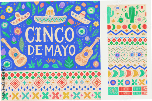 Colorful cinco de mayo celebration illustration with guitars sombreros and festive patterns