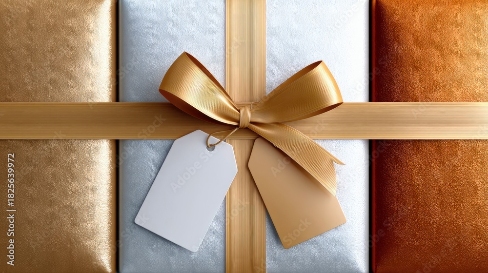 Fototapeta premium A close-up view of a luxurious gift box wrapped with a gold ribbon and featuring two blank tags, one white and one gold. The box is divided into sections of gol