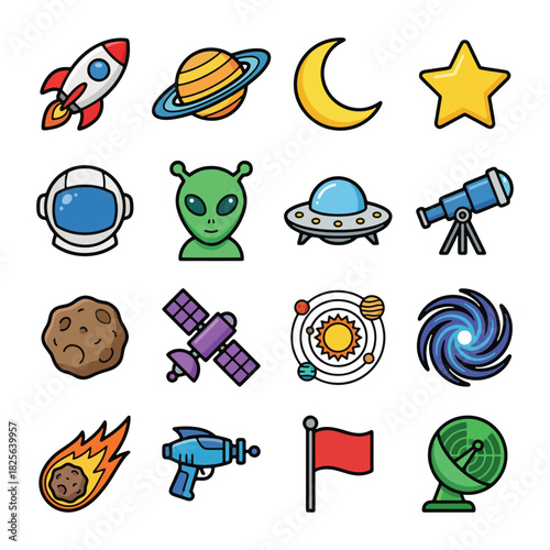 Colorful Vector Illustrations of Space-Themed Icons and Elements.