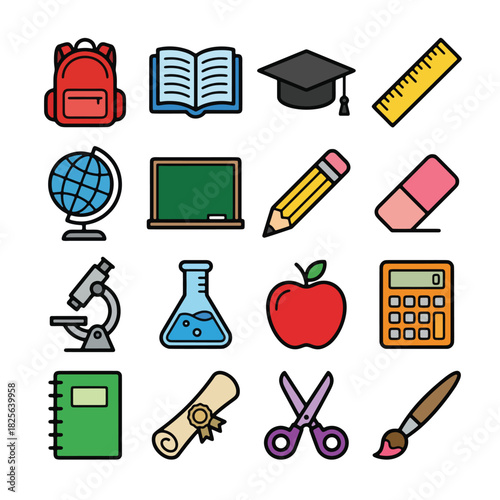 Colorful School and Education Supplies Flat Design Icons Set.