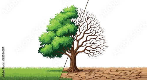 Climate change impact: green tree vs. dry tree & cracked earth Vector, illustration