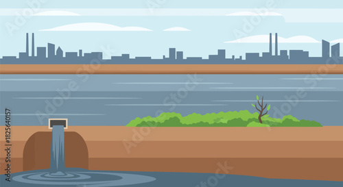Industrial river pollution: factory waste discharge into water Vector, illustration