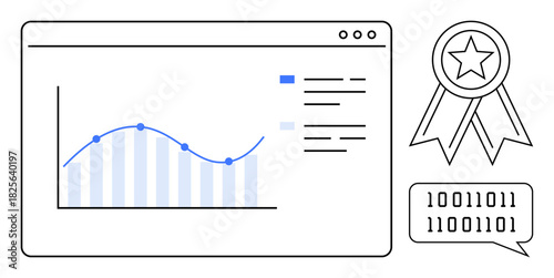 Analytics platform screenshot with graph, ranking ribbon, and binary code text bubble. Ideal for data visualization, performance tracking, analytics, reporting, rewards technology statistics. Clean