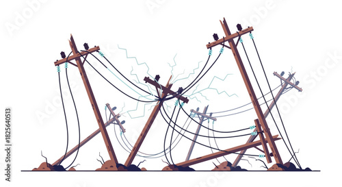Storm damaged utility poles vector   power outage electrical hazard Vector, illustration