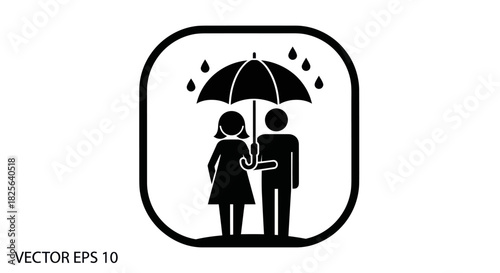 Couple under Umbrella in Rain Icon Black Silhouette Rounded Square Frame.