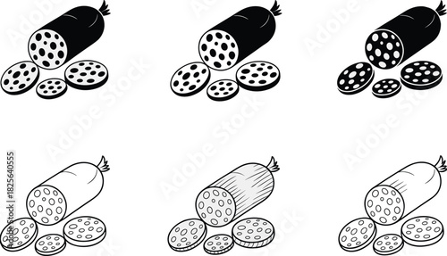 Sausage Slices And Whole Sausage Icons In Black And White salami meat