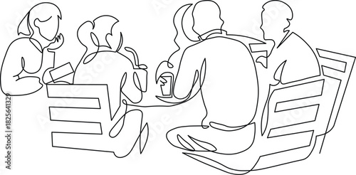 Dynamic single line art of group meeting at outdoor cafe, fostering collaboration and connection for business success in vibrant community settings