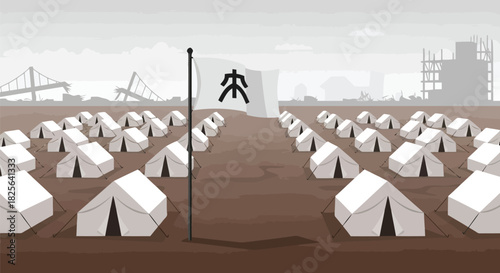 Humanitarian refugee camp in disaster zone: global crisis relief Vector, illustration