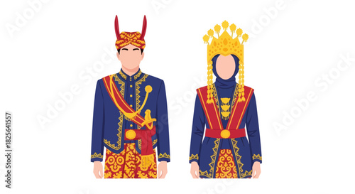 Traditional Indonesian Couple in Elaborate Ceremonial Attire.