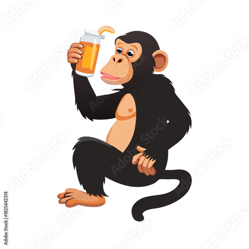 Chimpanzee drinking beer. Funny Animal Vector Clip art. Ape imbibing brew primate enjoying refreshment unusual behavior.