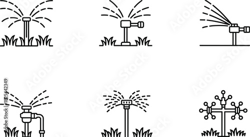 Six garden sprinkler icons in various designs for watering plants and lawns Keywords: sprinkler