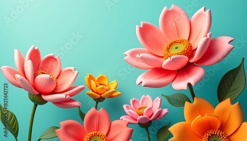 Vibrant Colorful Flowers Against Turquoise Background