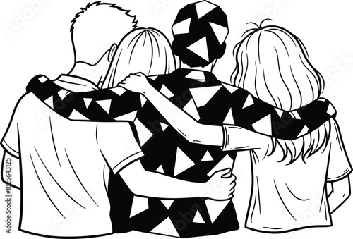 Group of four friends hugging, back view, vector line drawing, youth togetherness concept, unity, friendship, and support illustration.