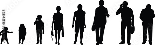 Human life cycle silhouettes showing aging process from baby to senior, growing up stages, generations concept vector illustration