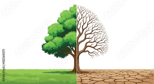 Climate impact: lush vs. barren tree & earth contrast Vector, illustration