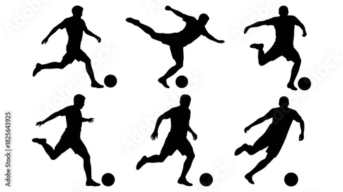 Silhouettes of soccer players in dynamic poses with a football, depicting various actions like kicking, dribbling, and goal scoring, isolated.