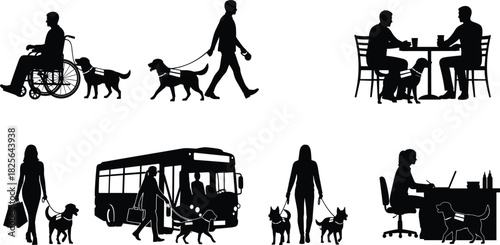 Service dogs helping people, wheelchair support, mobility aid, daily tasks, silhouette illustration, accessibility concept, flat vector illustration