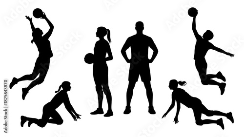 Dynamic silhouettes of diverse male and female athletes engaging in team sports like volleyball and basketball, capturing various action poses.
